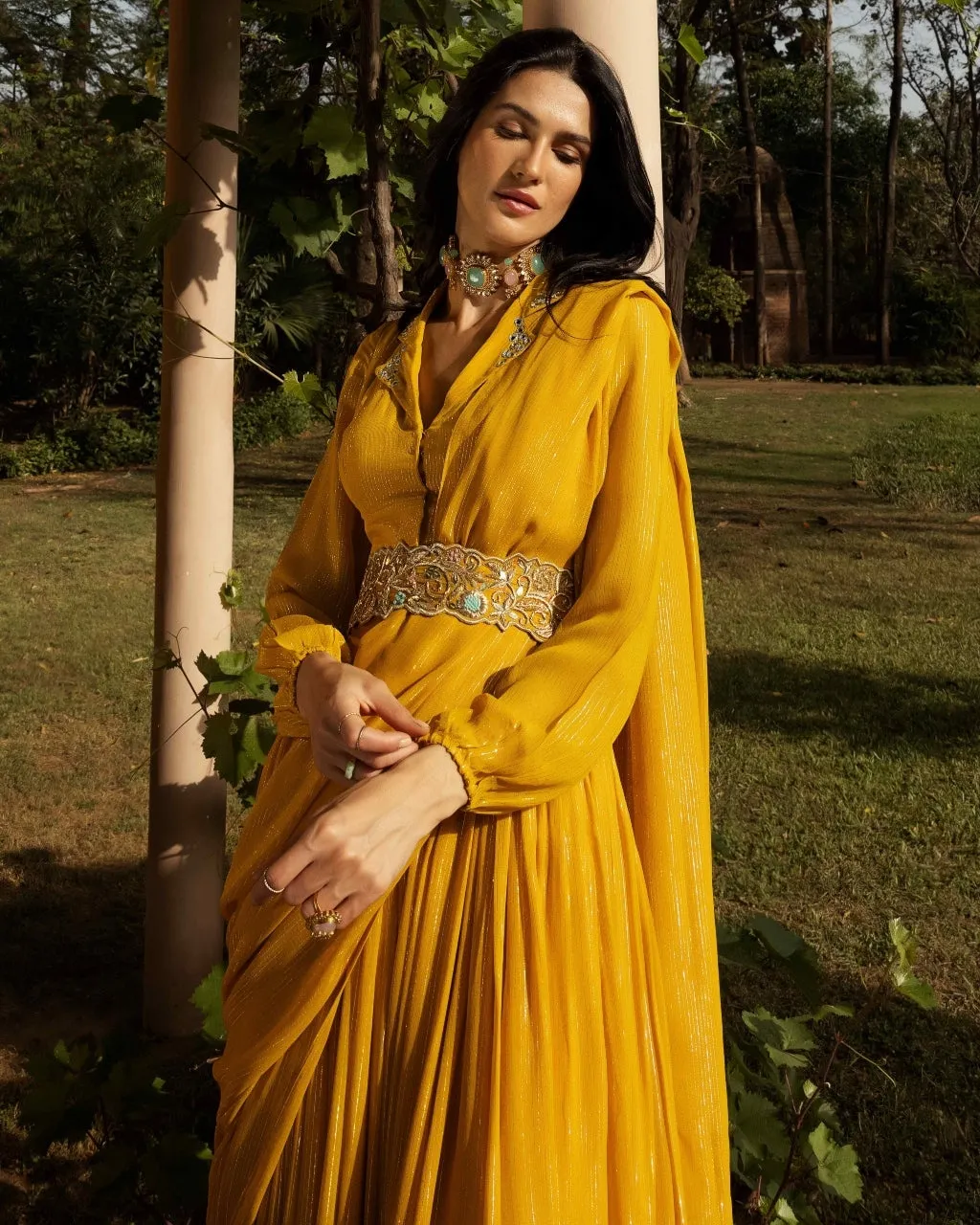 Amber Gharara Collared Sari Set