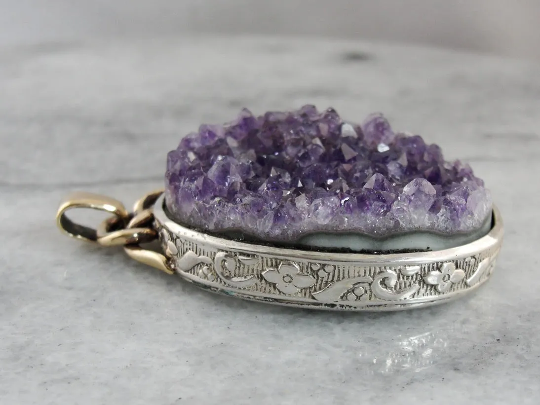 Amethyst Druzy Pendant, Rough Amethyst Crystal