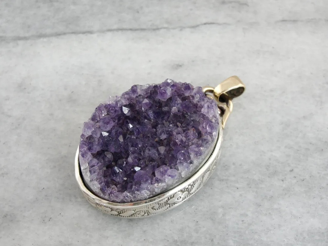 Amethyst Druzy Pendant, Rough Amethyst Crystal