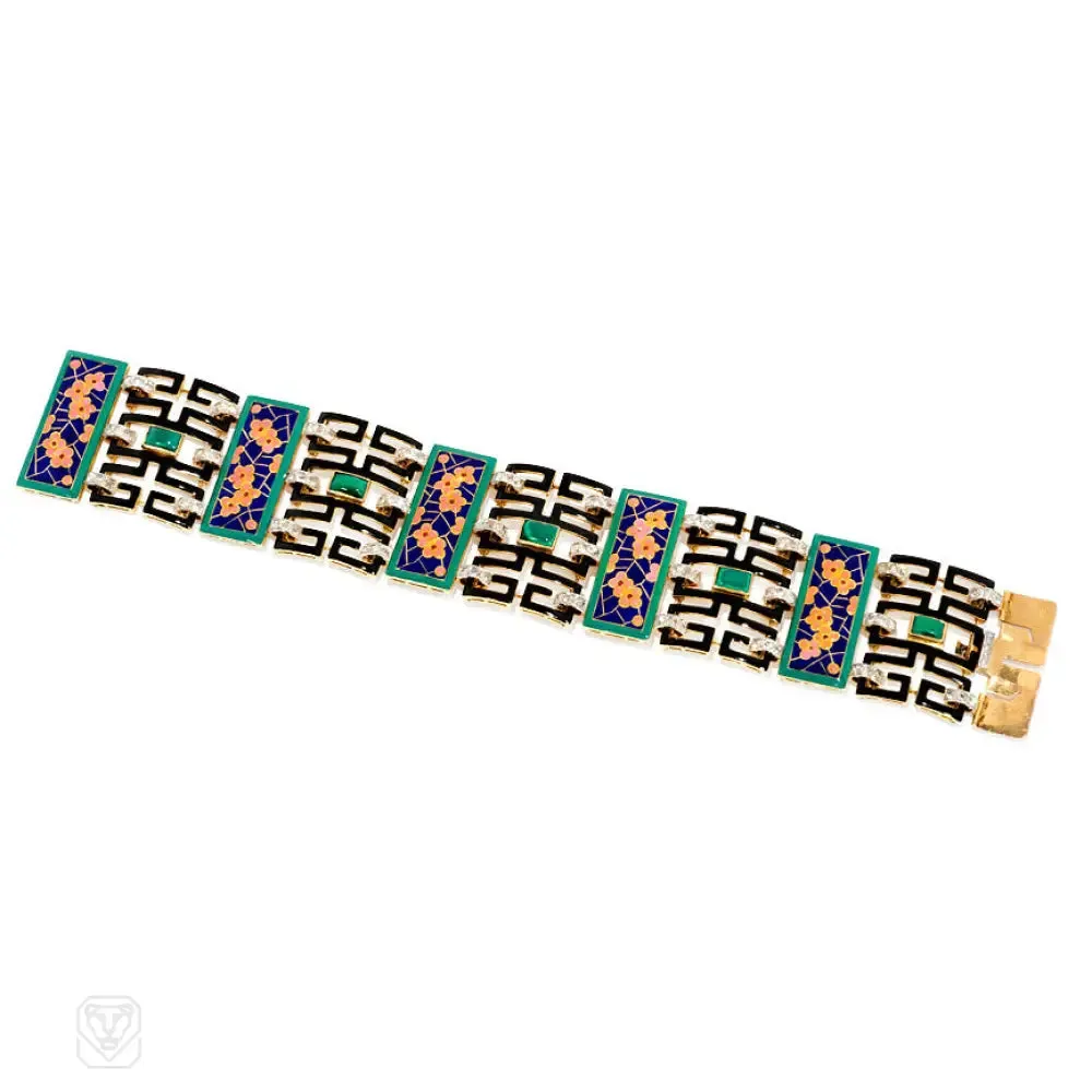 Art Deco Chinoiserie enamel, diamond, and malachite bracelet