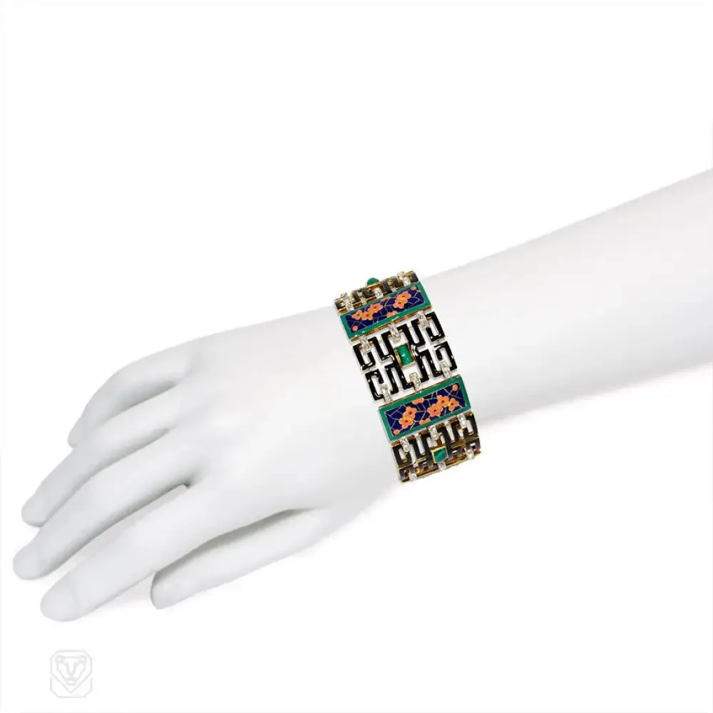 Art Deco Chinoiserie enamel, diamond, and malachite bracelet