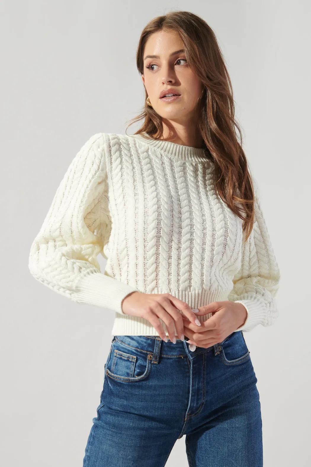 Ashtyn Cable Knit Balloon Sleeve Crop Sweater