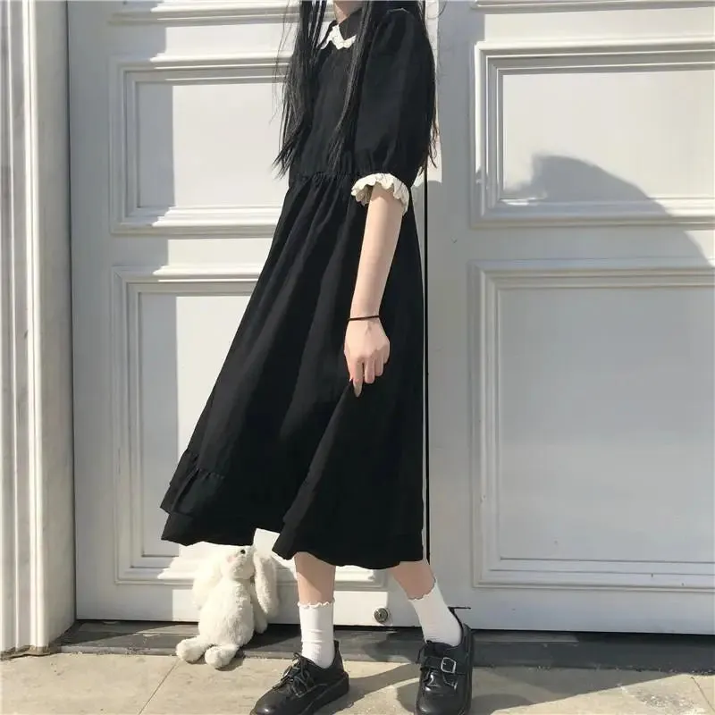 Autumn Black Kawaii Lolita Style Dress Mori Girl Fairy Cute Lolita Peter Pan Collar Puff Sleeve Dress Fashion Women