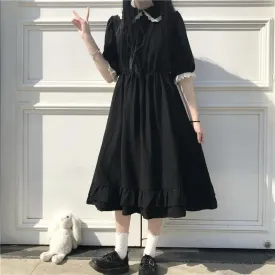 Autumn Black Kawaii Lolita Style Dress Mori Girl Fairy Cute Lolita Peter Pan Collar Puff Sleeve Dress Fashion Women