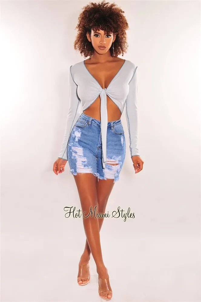 Baby Blue Ribbed Exposed Seams Tie Up Long Sleeve Top