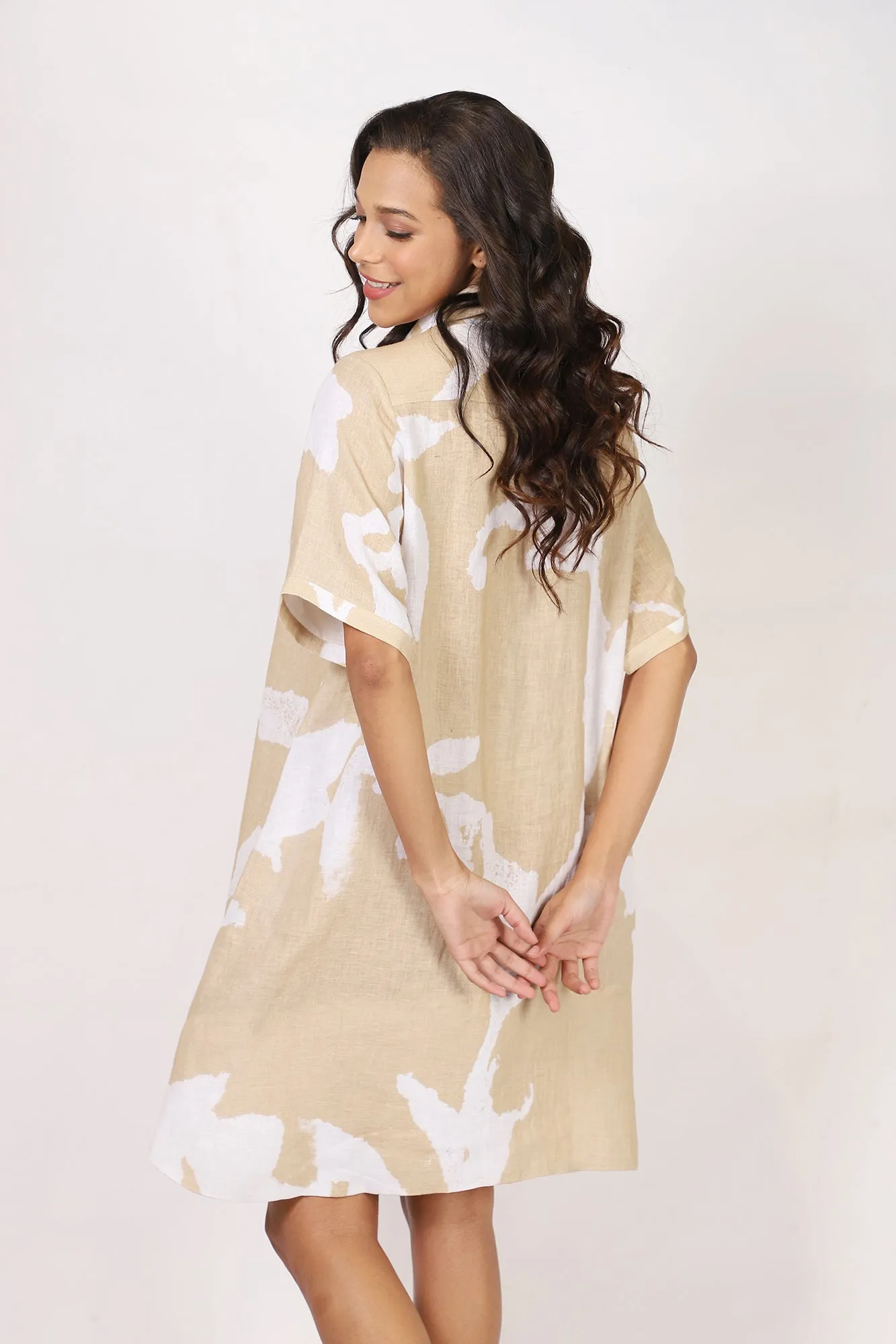 Beige Floral Linen Dress