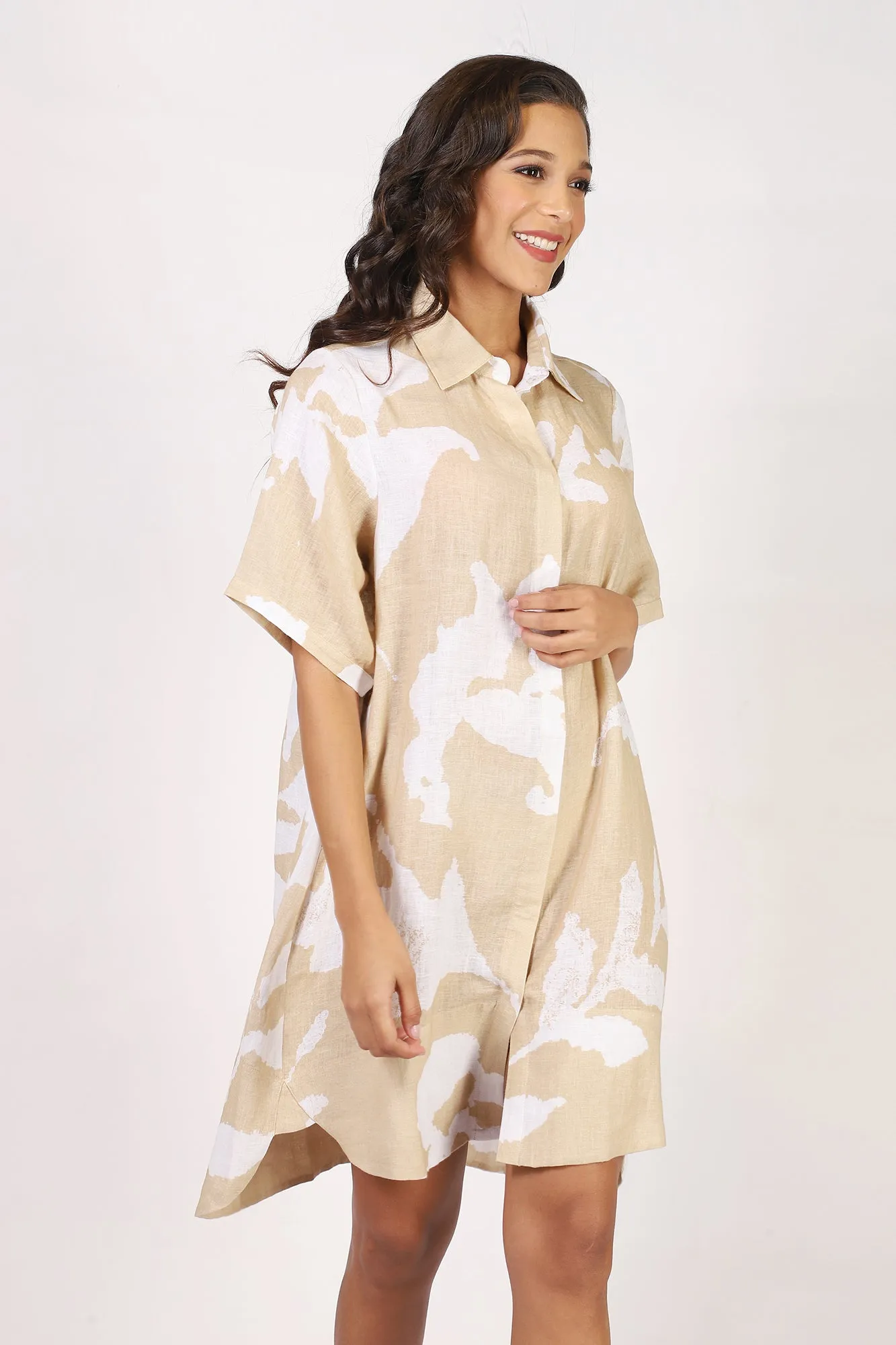 Beige Floral Linen Dress