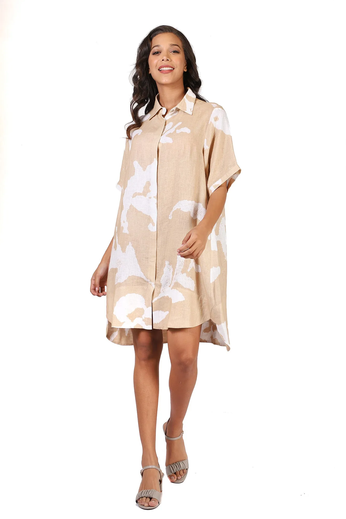 Beige Floral Linen Dress