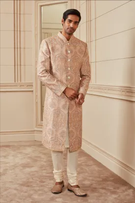 Beige Printed Embroidered Sherwani