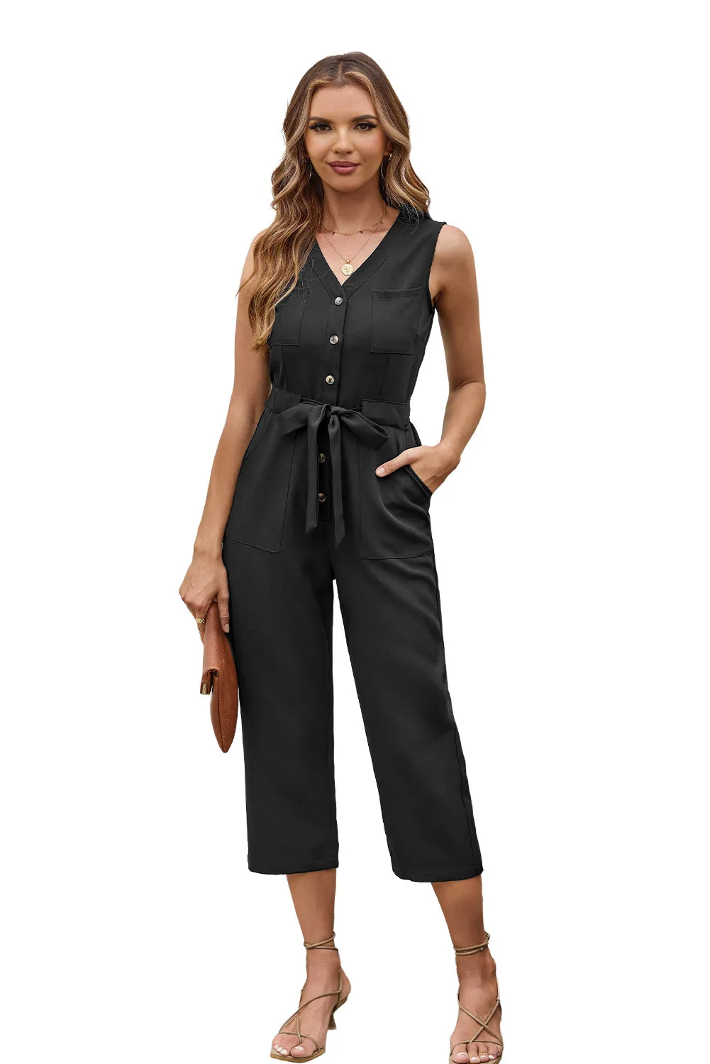 Black Buttoned Sleeveless Cropped Jumpsuit with Sash