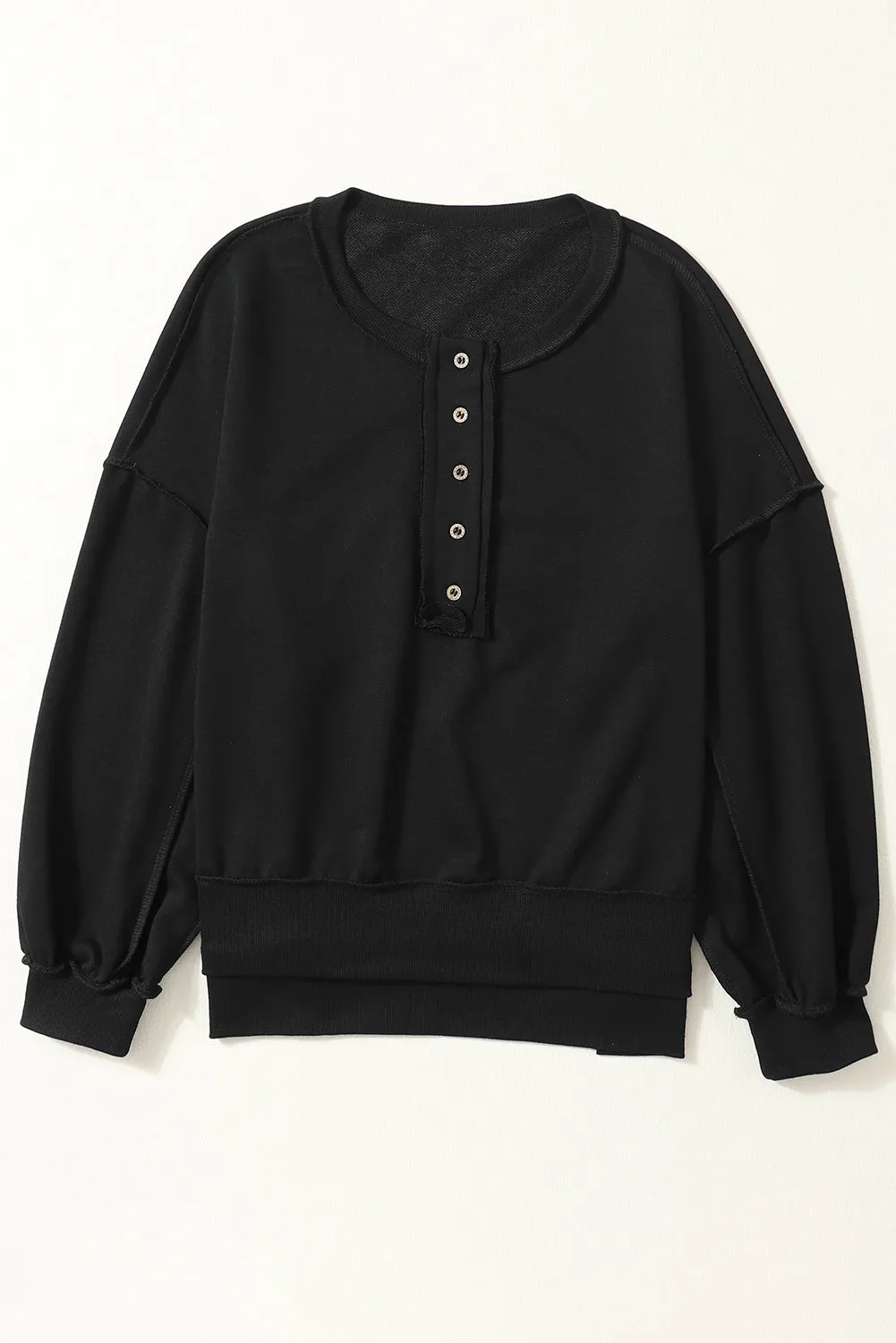 Black Drop Shoulder Henley Buttons Sweatshirt