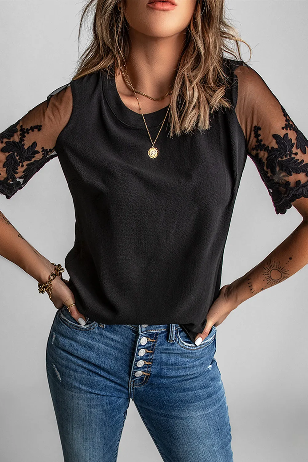 Black Floral Lace Sleeve Patchwork Top