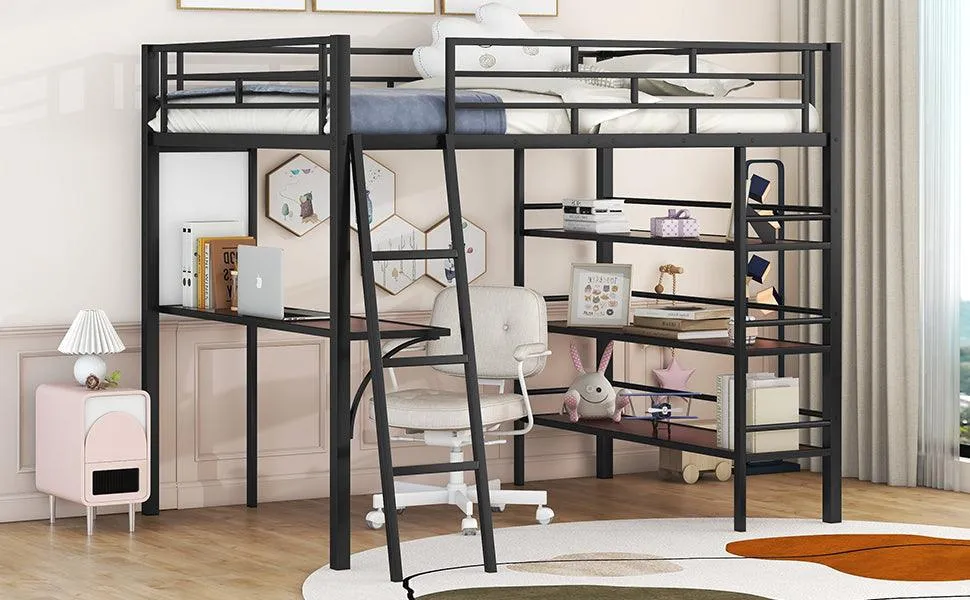 Black Full-Size Metal Loft Bed with 3 Shelves, Desk, and Whiteboard, Stylish Frame Design