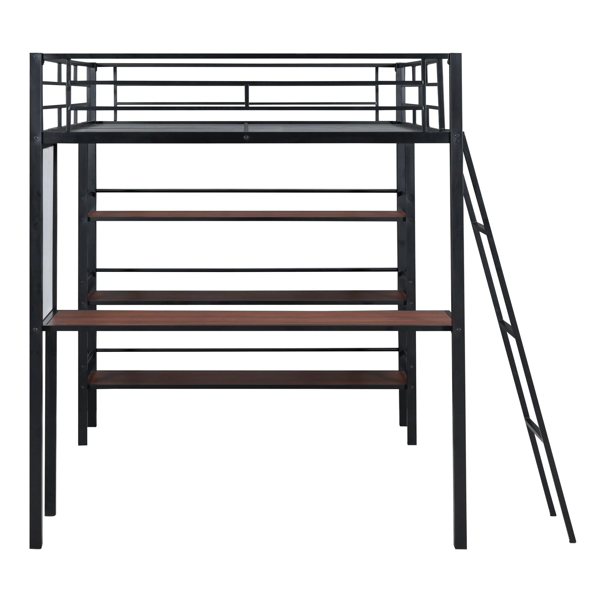 Black Full-Size Metal Loft Bed with 3 Shelves, Desk, and Whiteboard, Stylish Frame Design