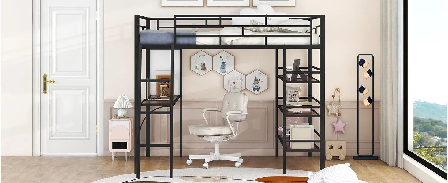 Black Full-Size Metal Loft Bed with 3 Shelves, Desk, and Whiteboard, Stylish Frame Design