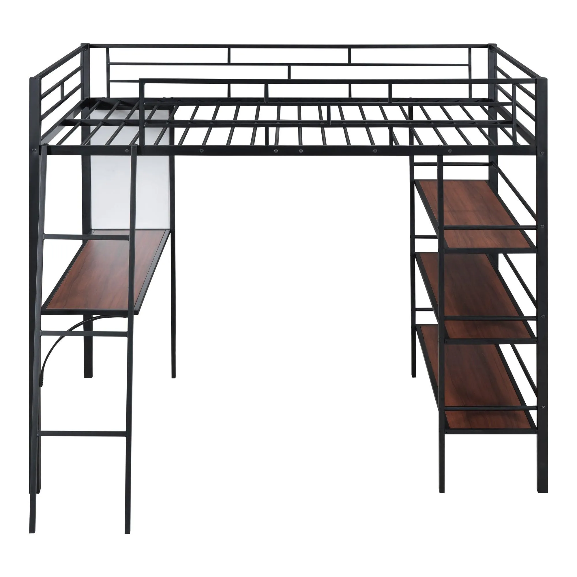 Black Full-Size Metal Loft Bed with 3 Shelves, Desk, and Whiteboard, Stylish Frame Design