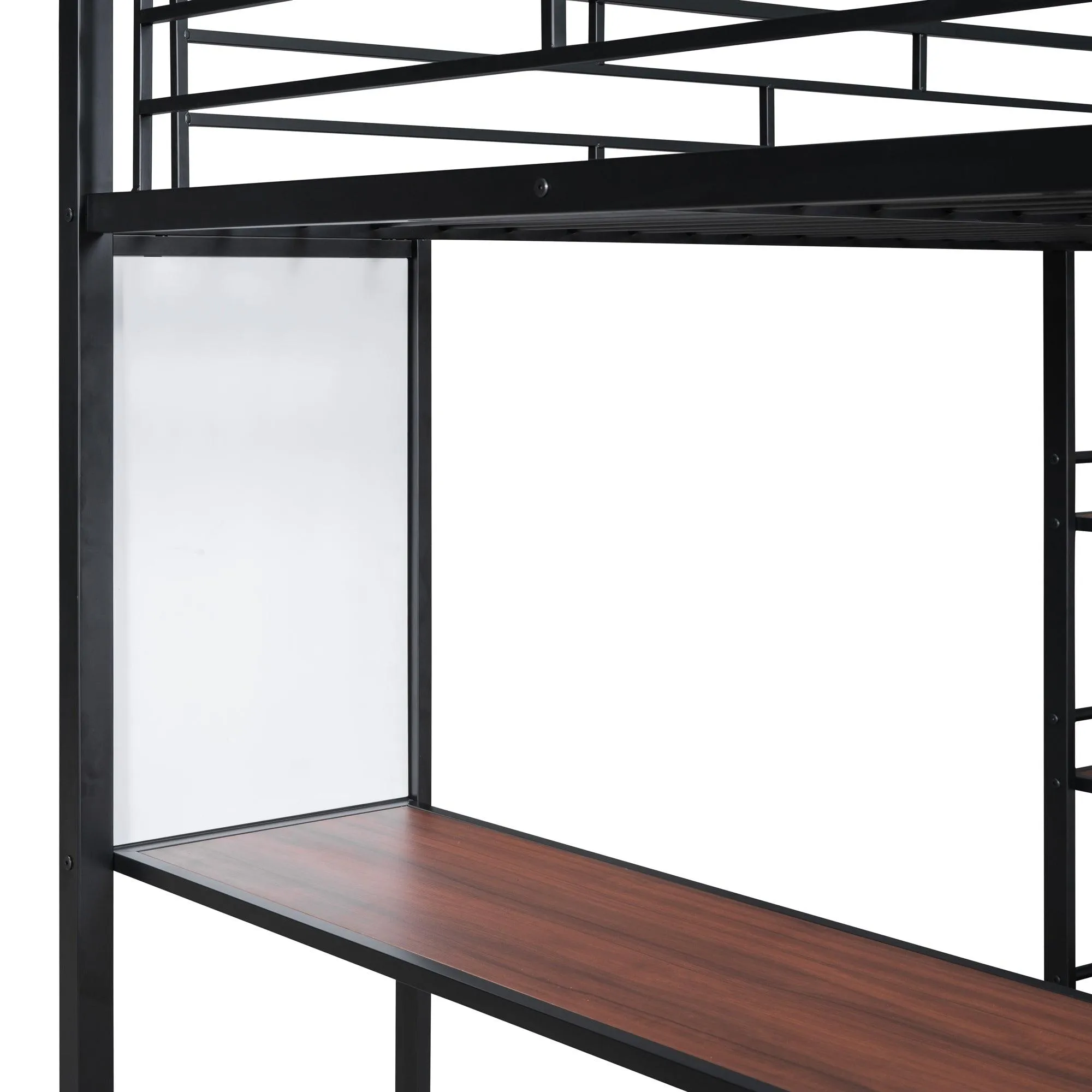 Black Full-Size Metal Loft Bed with 3 Shelves, Desk, and Whiteboard, Stylish Frame Design