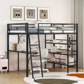 Black Full-Size Metal Loft Bed with 3 Shelves, Desk, and Whiteboard, Stylish Frame Design