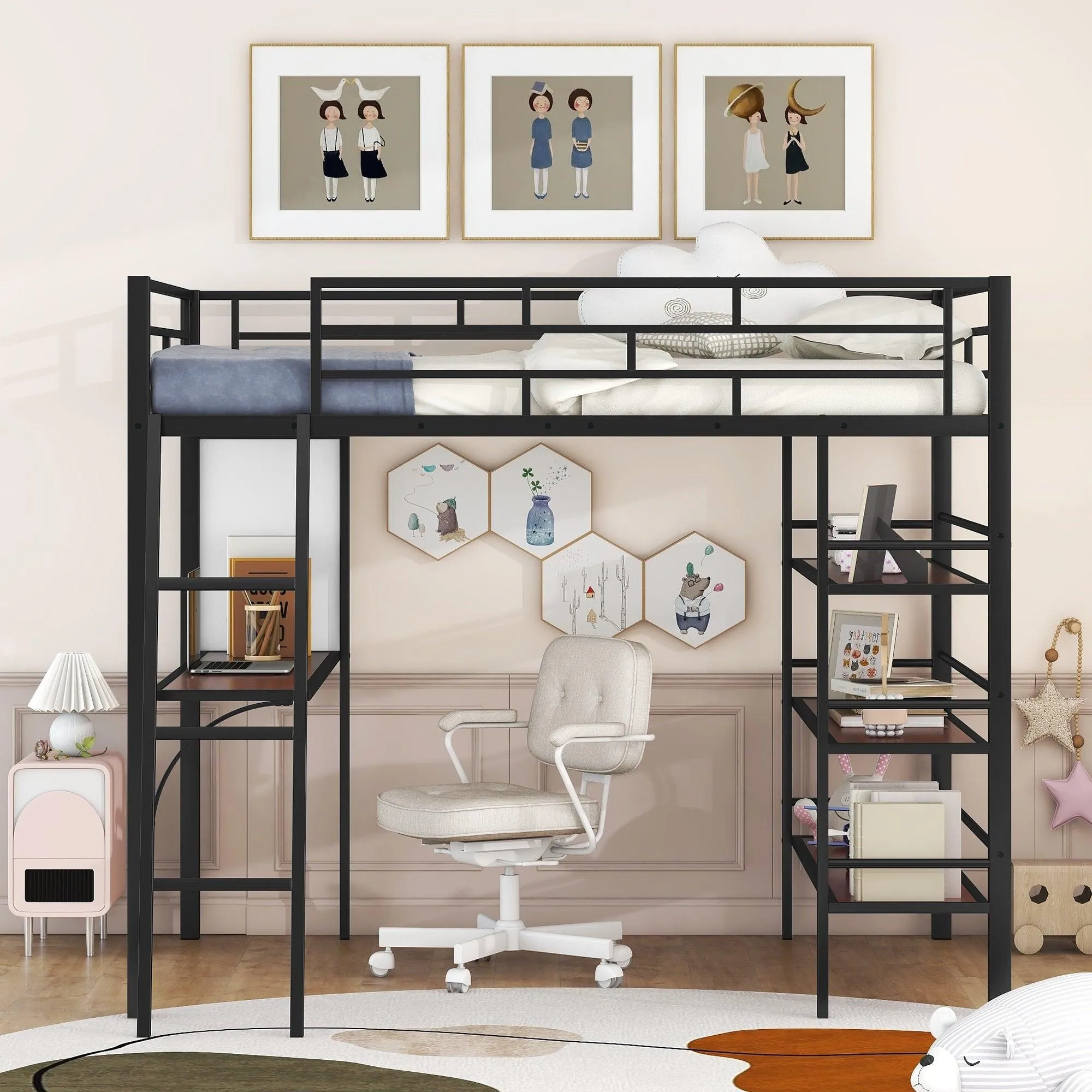 Black Full-Size Metal Loft Bed with 3 Shelves, Desk, and Whiteboard, Stylish Frame Design