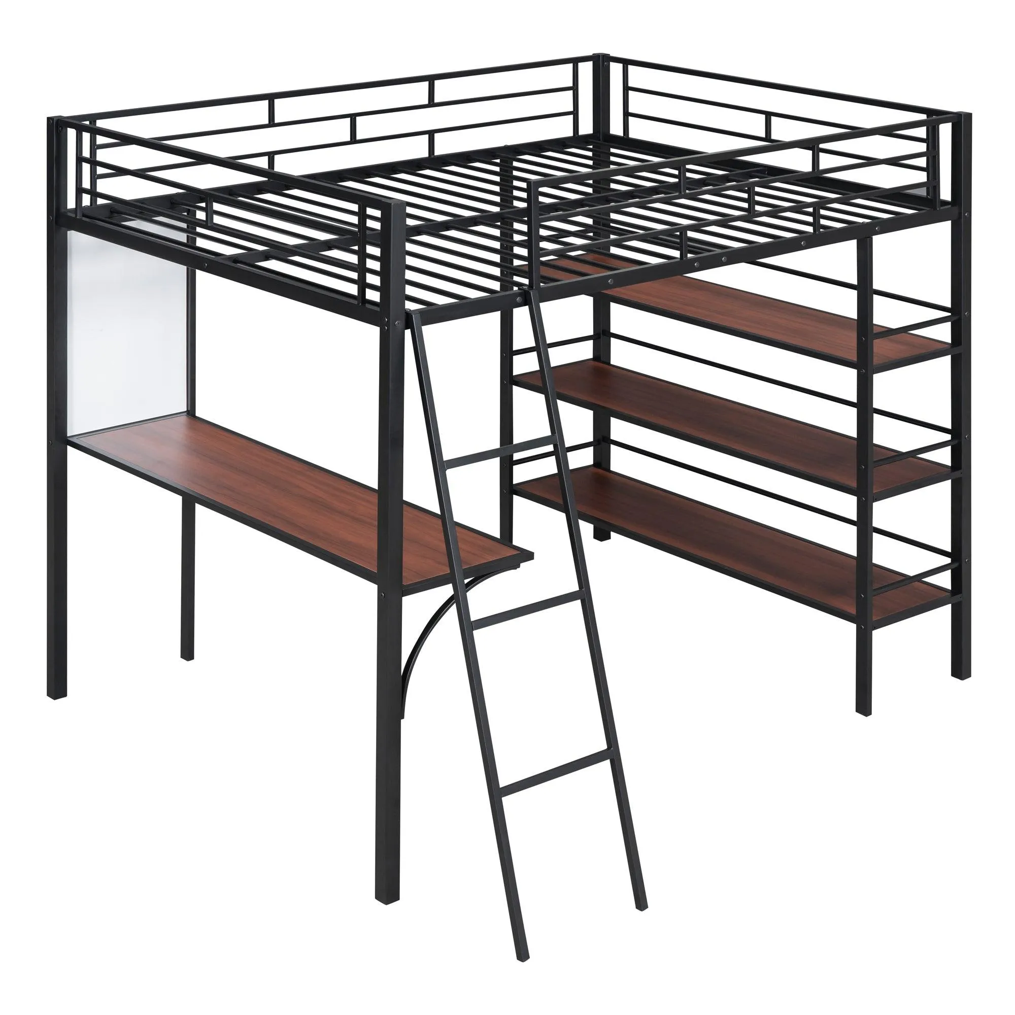 Black Full-Size Metal Loft Bed with 3 Shelves, Desk, and Whiteboard, Stylish Frame Design