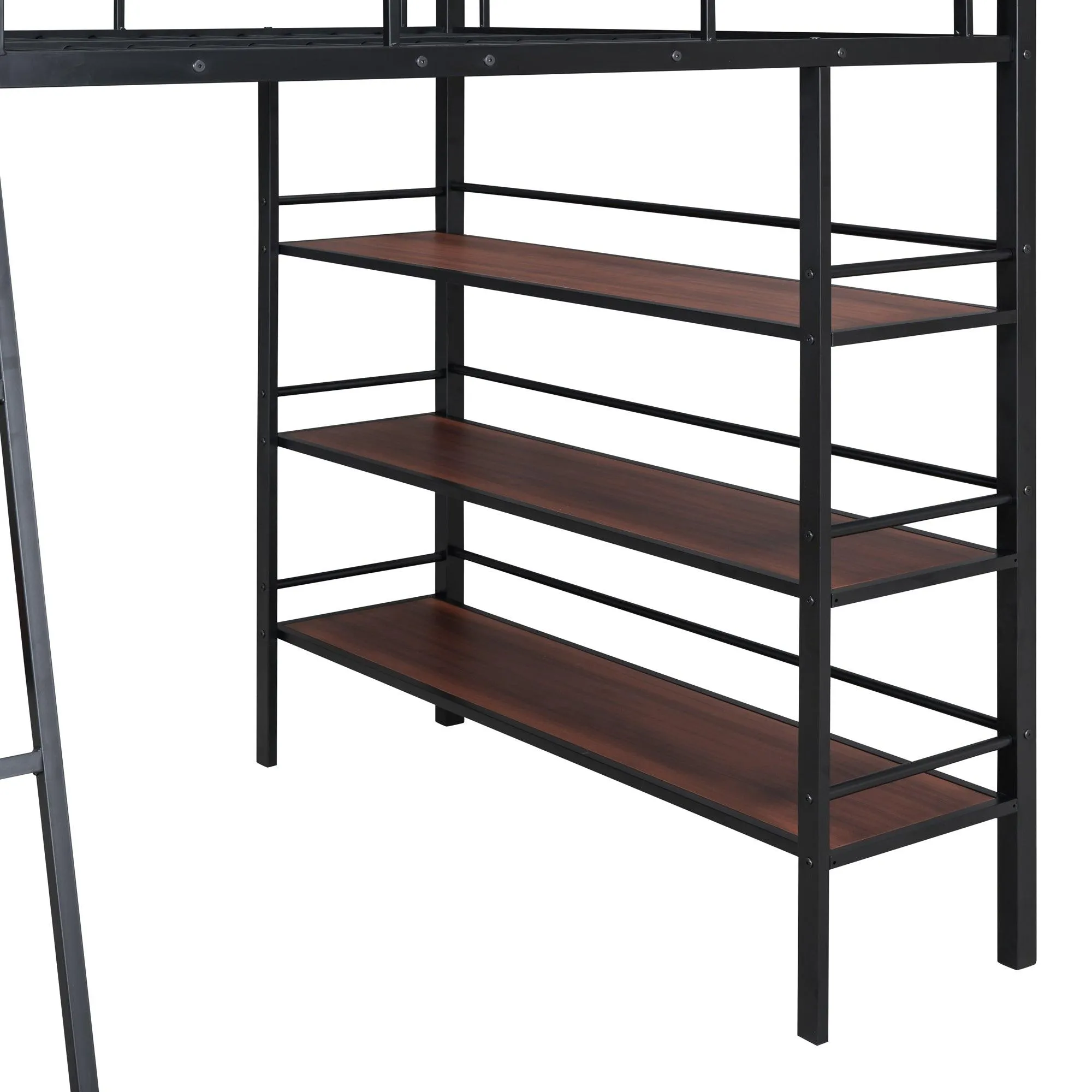 Black Full-Size Metal Loft Bed with 3 Shelves, Desk, and Whiteboard, Stylish Frame Design