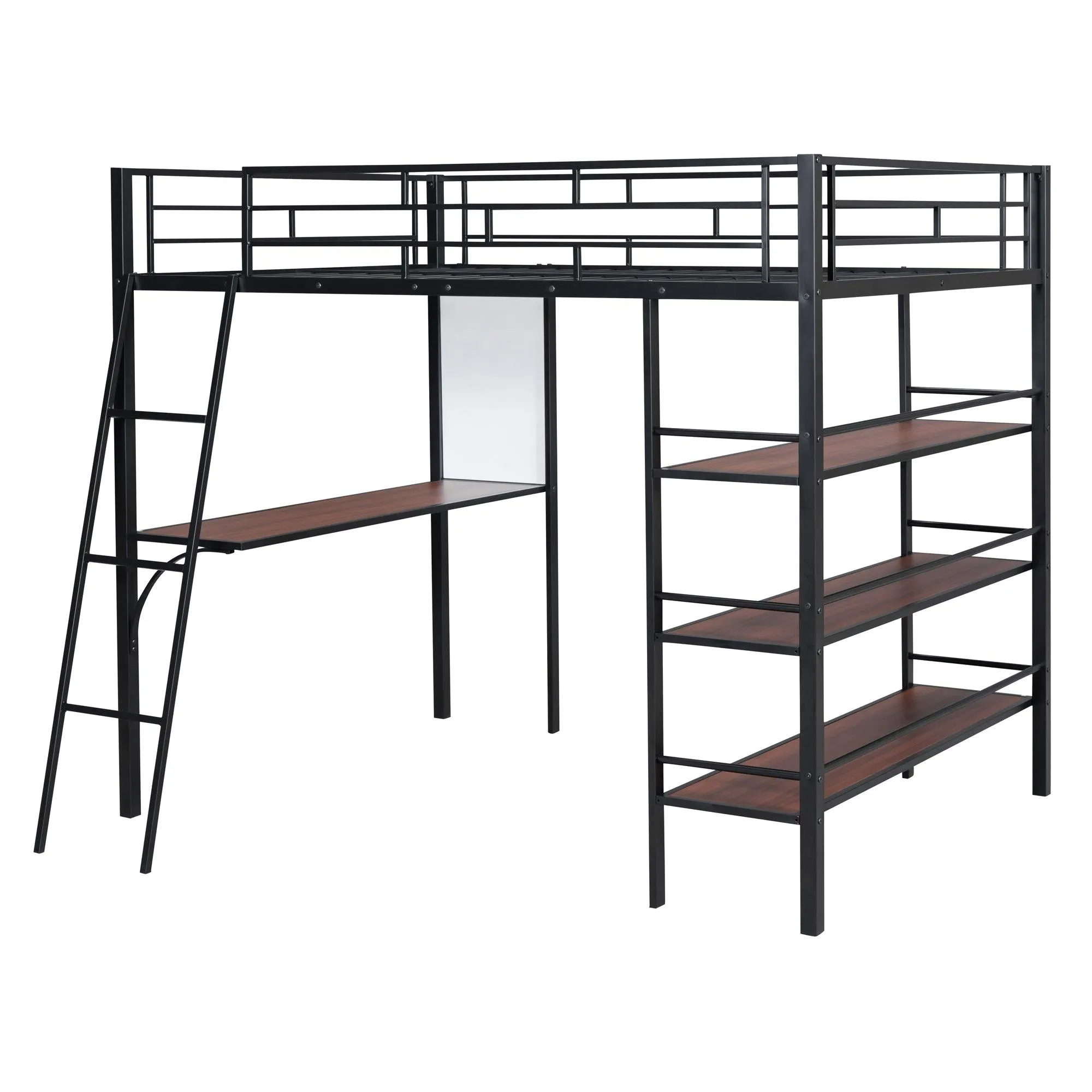 Black Full-Size Metal Loft Bed with 3 Shelves, Desk, and Whiteboard, Stylish Frame Design