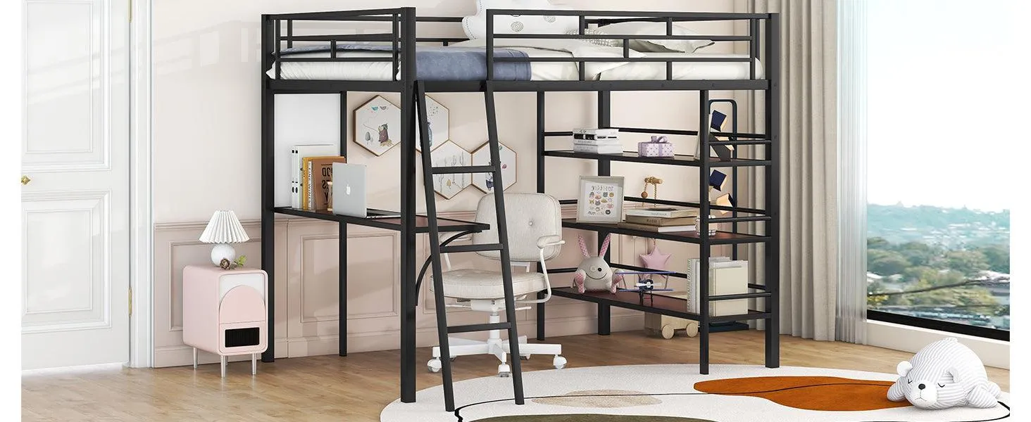 Black Full-Size Metal Loft Bed with 3 Shelves, Desk, and Whiteboard, Stylish Frame Design