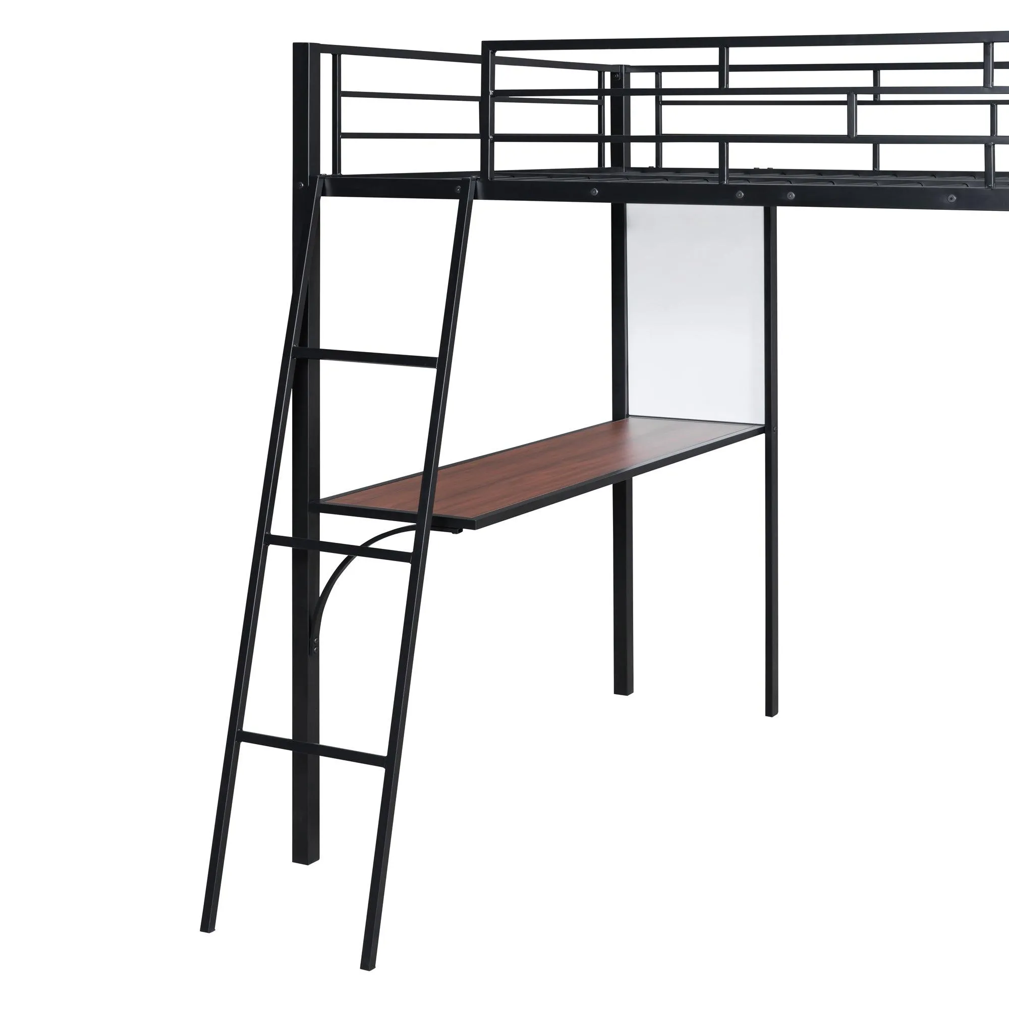 Black Full-Size Metal Loft Bed with 3 Shelves, Desk, and Whiteboard, Stylish Frame Design