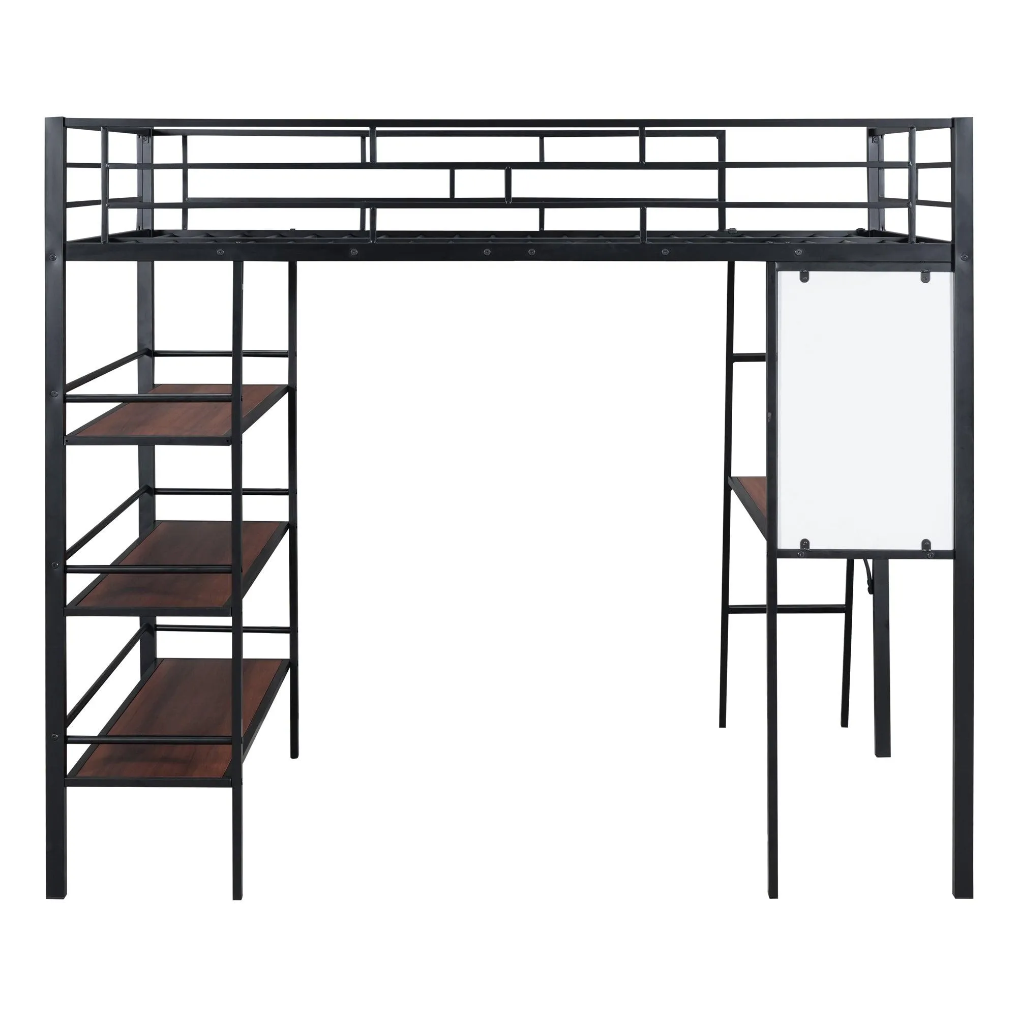 Black Full-Size Metal Loft Bed with 3 Shelves, Desk, and Whiteboard, Stylish Frame Design