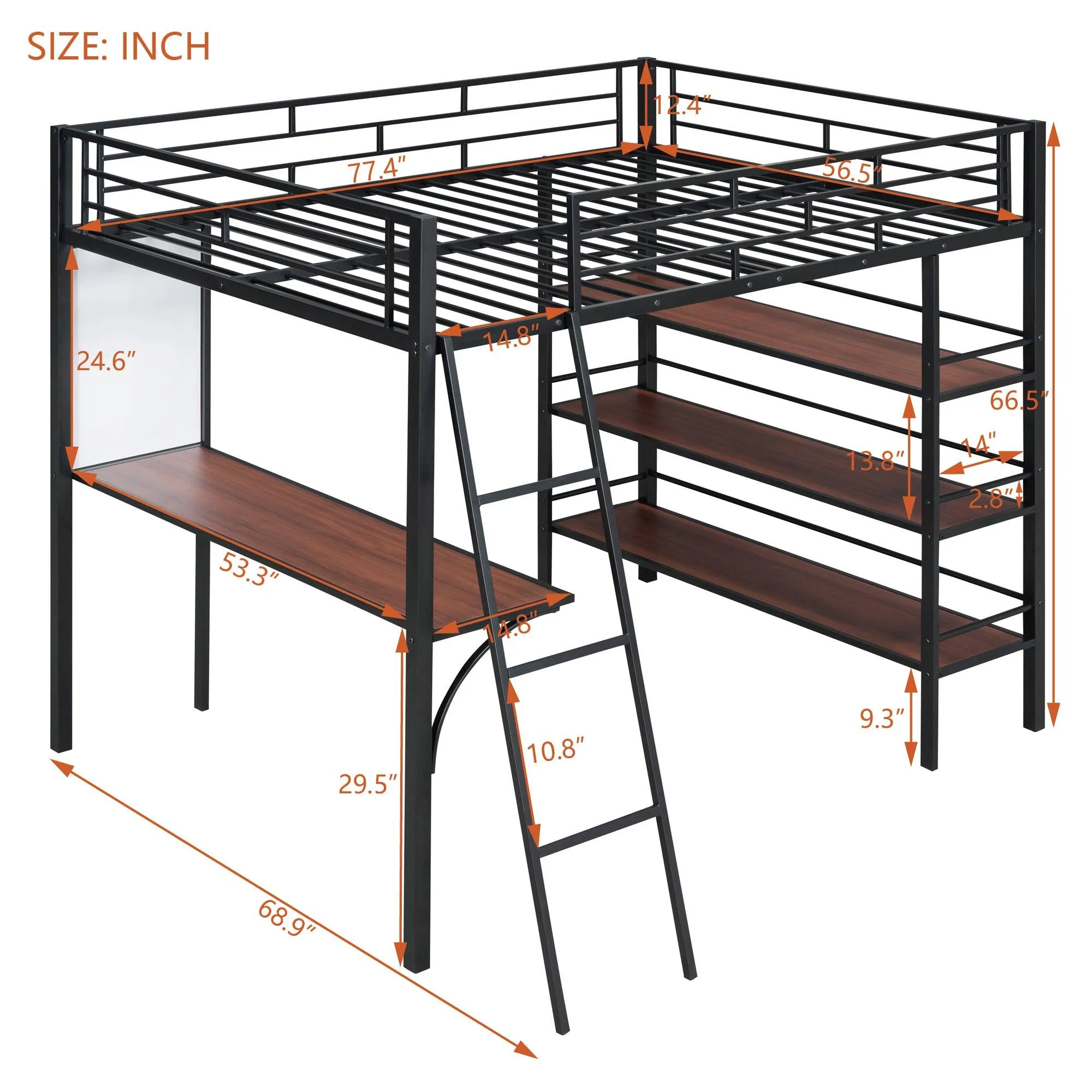 Black Full-Size Metal Loft Bed with 3 Shelves, Desk, and Whiteboard, Stylish Frame Design