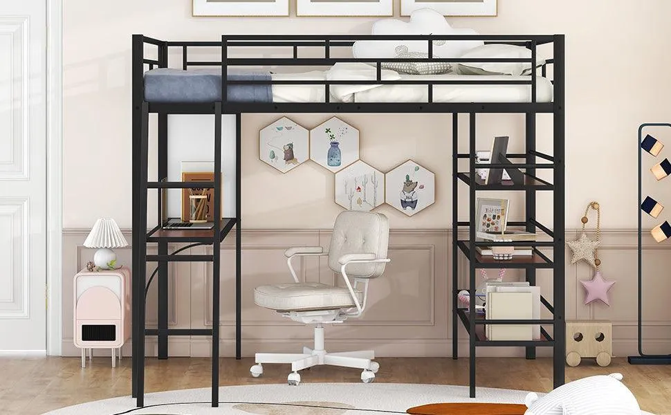 Black Full-Size Metal Loft Bed with 3 Shelves, Desk, and Whiteboard, Stylish Frame Design