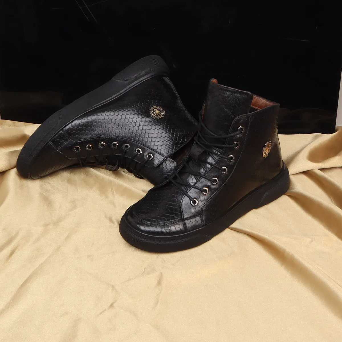 Black Snake Skin Textured Leather Mid Top Light Weight Sneakers by Brune & Bareskin