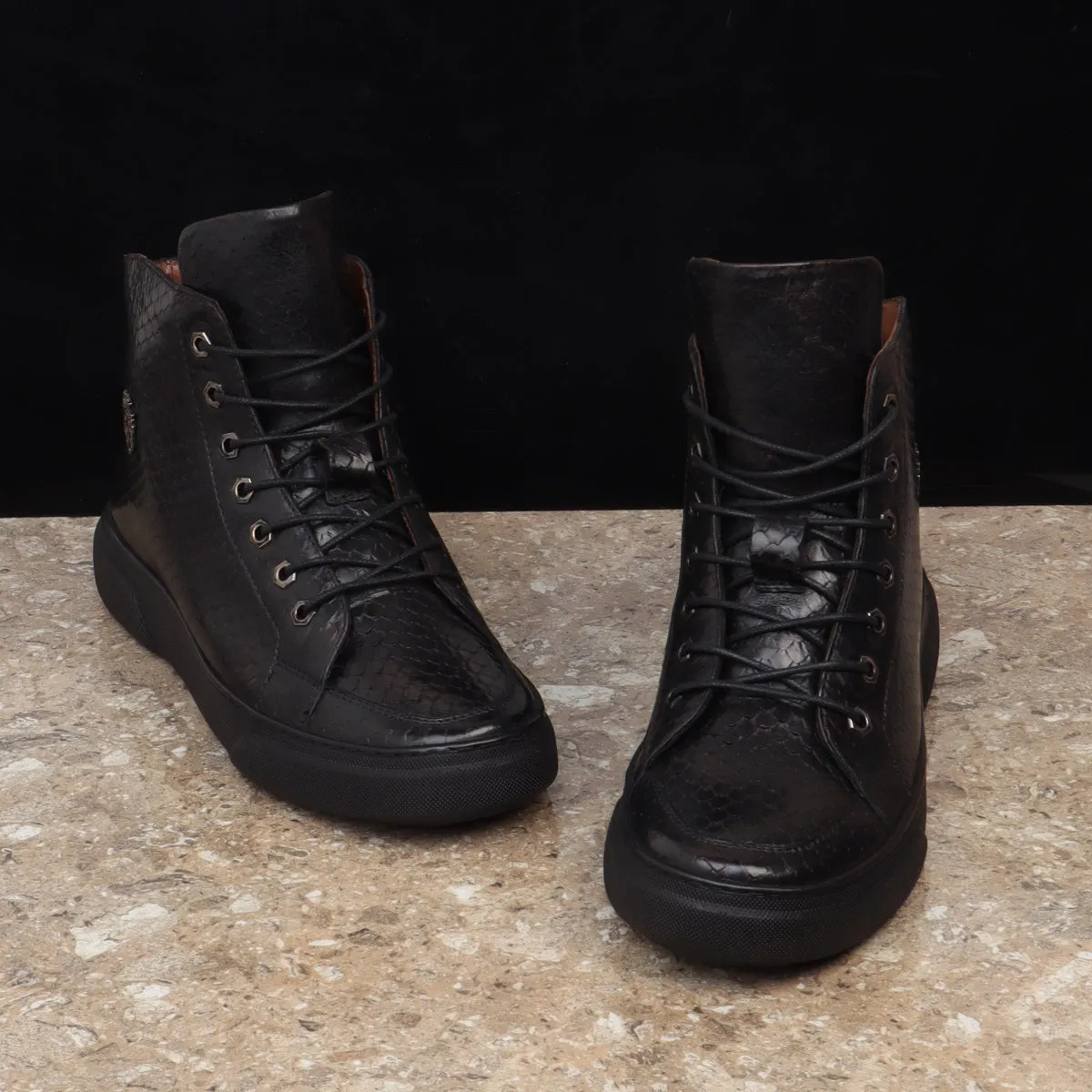 Black Snake Skin Textured Leather Mid Top Light Weight Sneakers by Brune & Bareskin