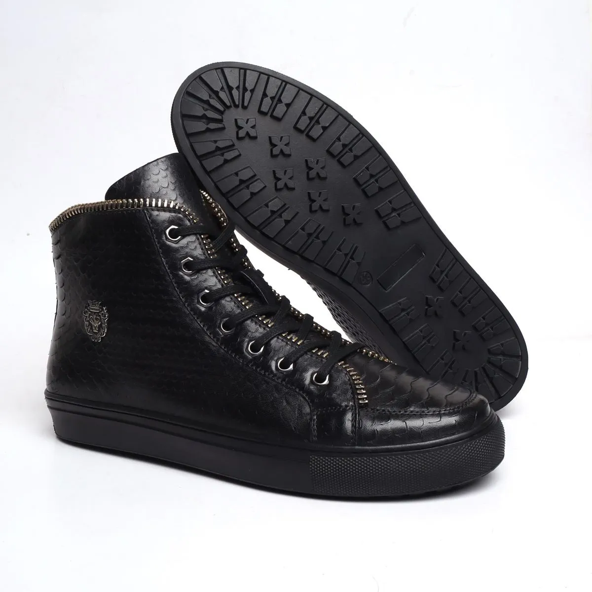 Black Snake Textured Leather Zip Embellished Sneakers by Brune & Bareskin