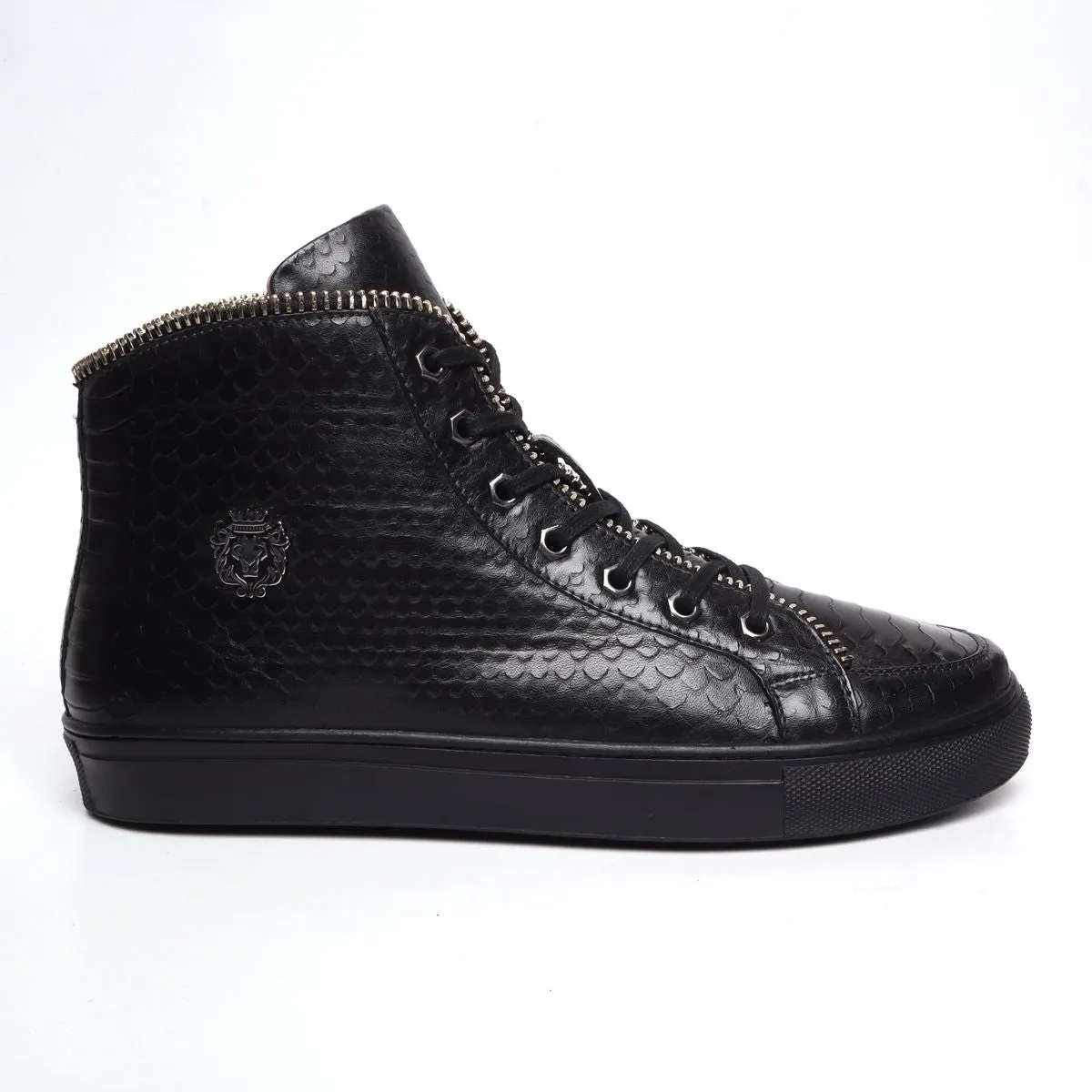 Black Snake Textured Leather Zip Embellished Sneakers by Brune & Bareskin