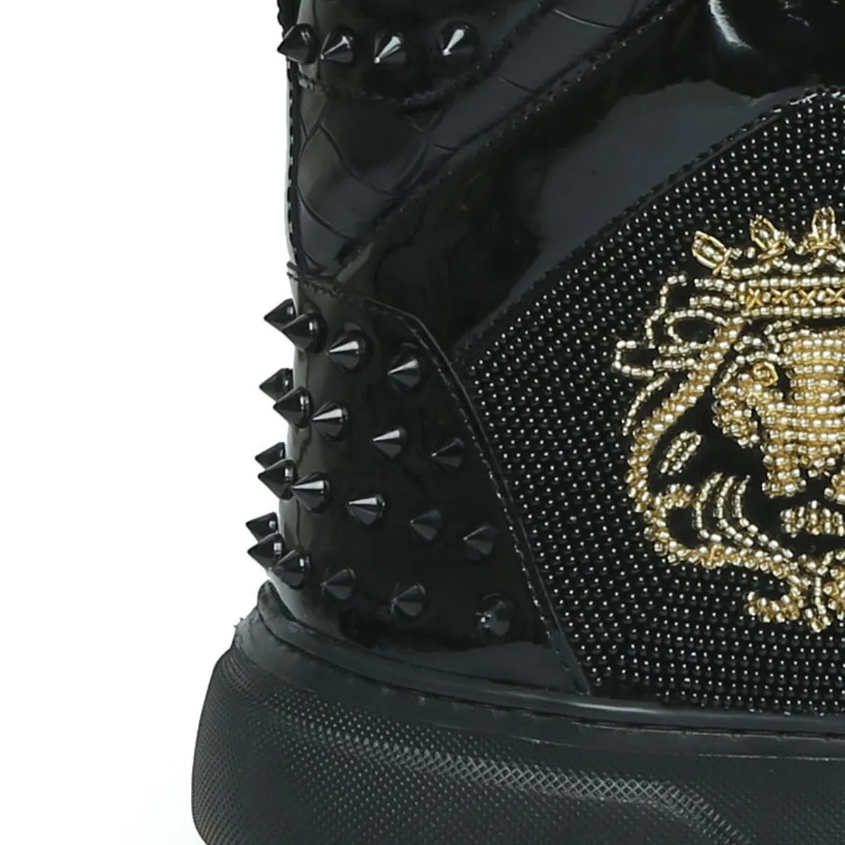 Black Studded Leather Sneakers with Patent Detailing Golden Beads Lion Zardosi