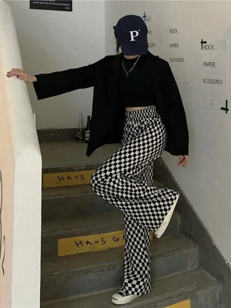 Black White Plaid Women Harajuku Wide Leg Checkerd Streetwear Pant