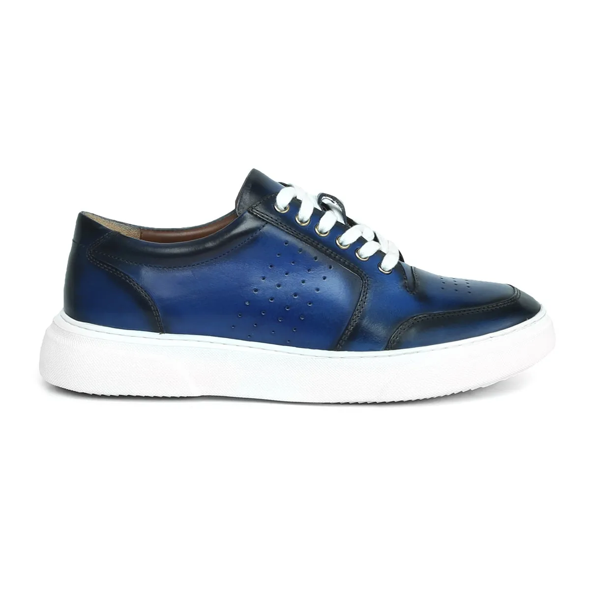 Blue Burnished Leather Low Top Perforated Sneakers by Brune & Bareskin