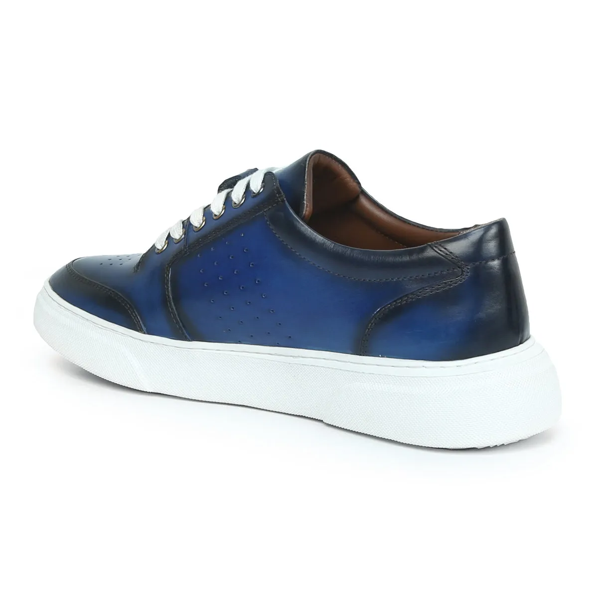 Blue Burnished Leather Low Top Perforated Sneakers by Brune & Bareskin