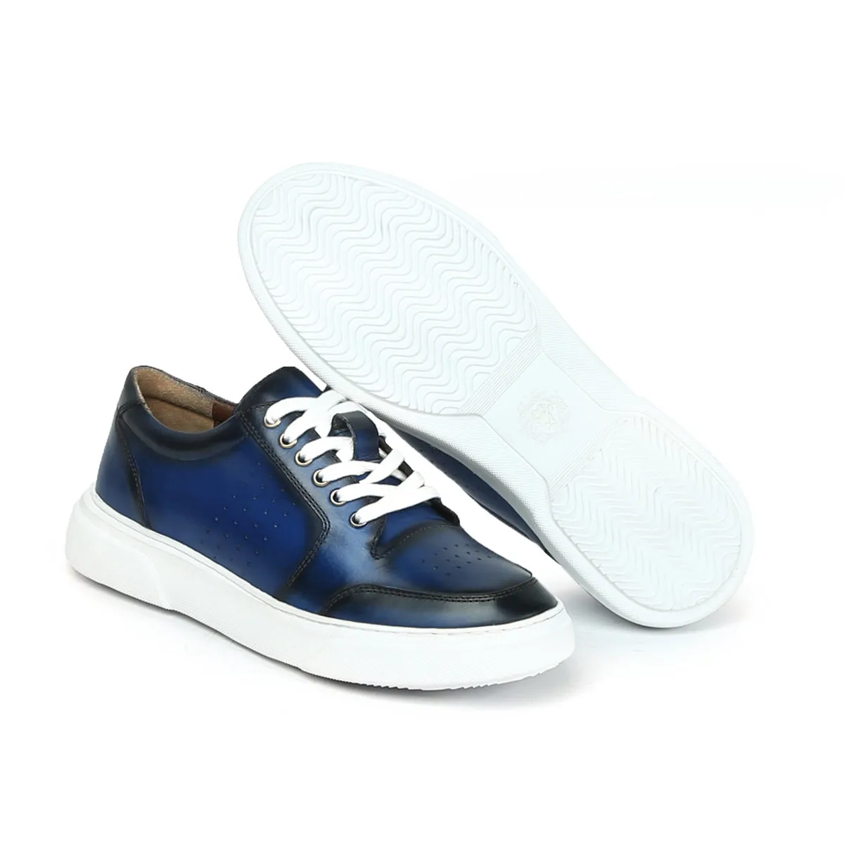 Blue Burnished Leather Low Top Perforated Sneakers by Brune & Bareskin