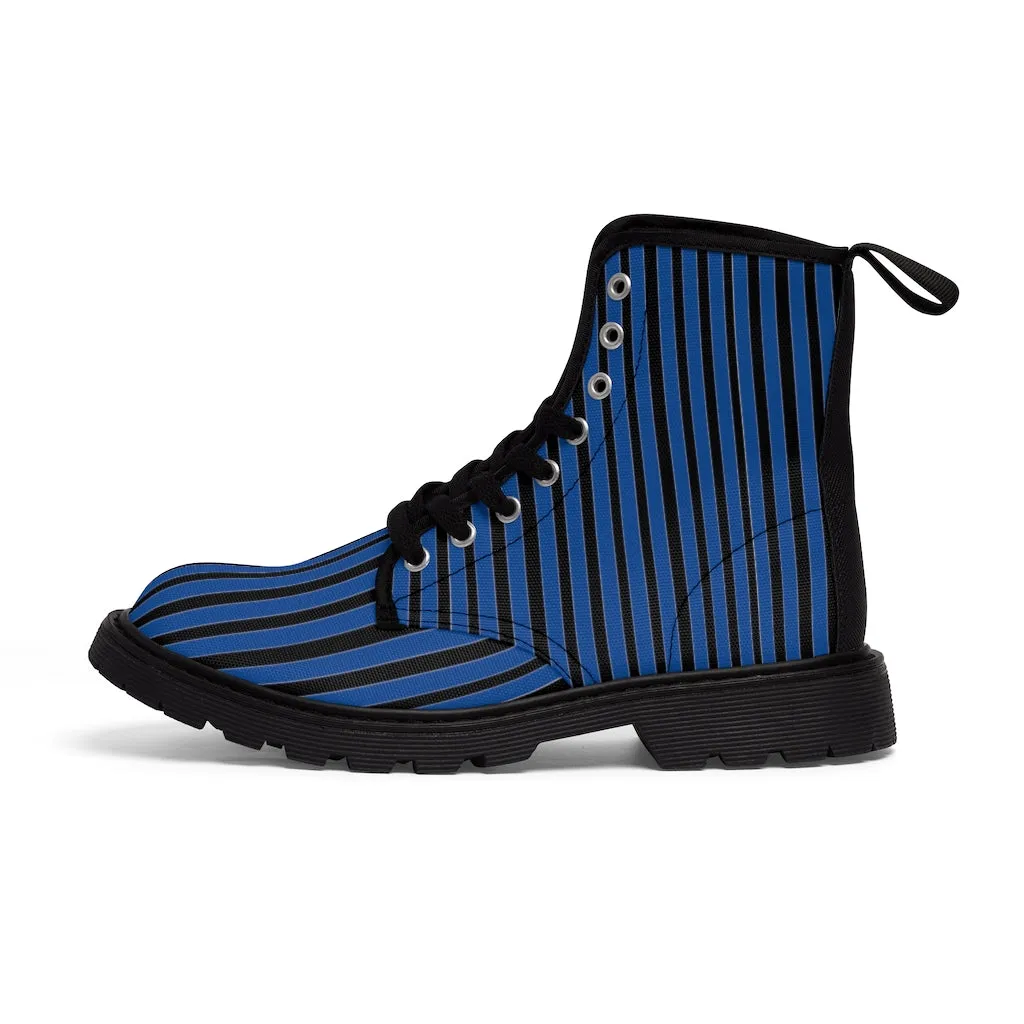 Blue Stripes Print Men's Boots, Black Striped Best Hiking Winter Boots Laced Up Shoes For Men