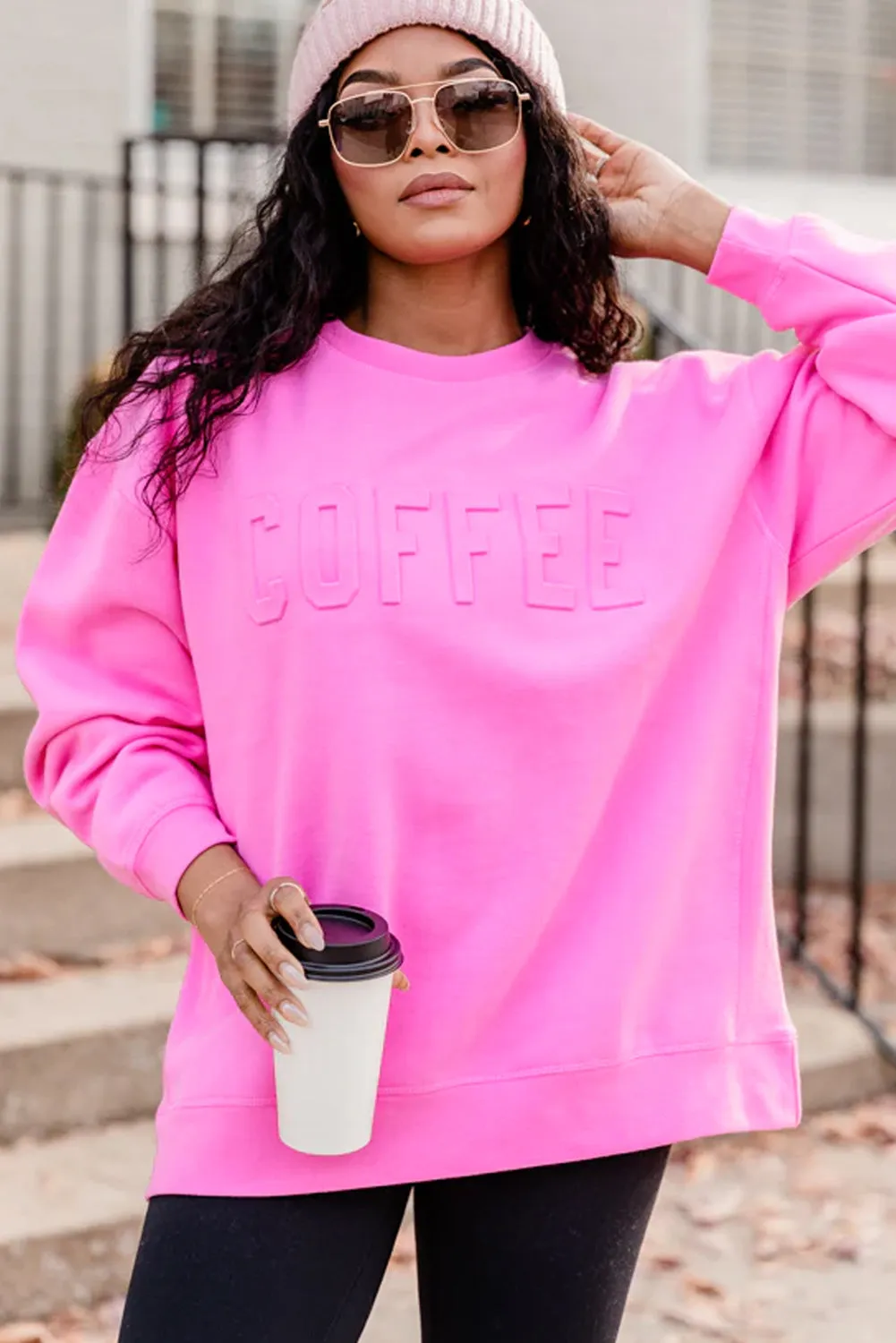 Bright Pink MAMA Letter Embossed Casual Sweatshirt