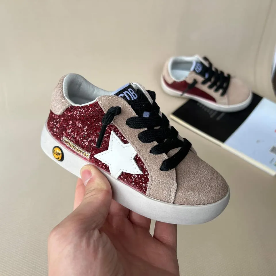 Burgundy Glitter Tan Accent Star Sneakers