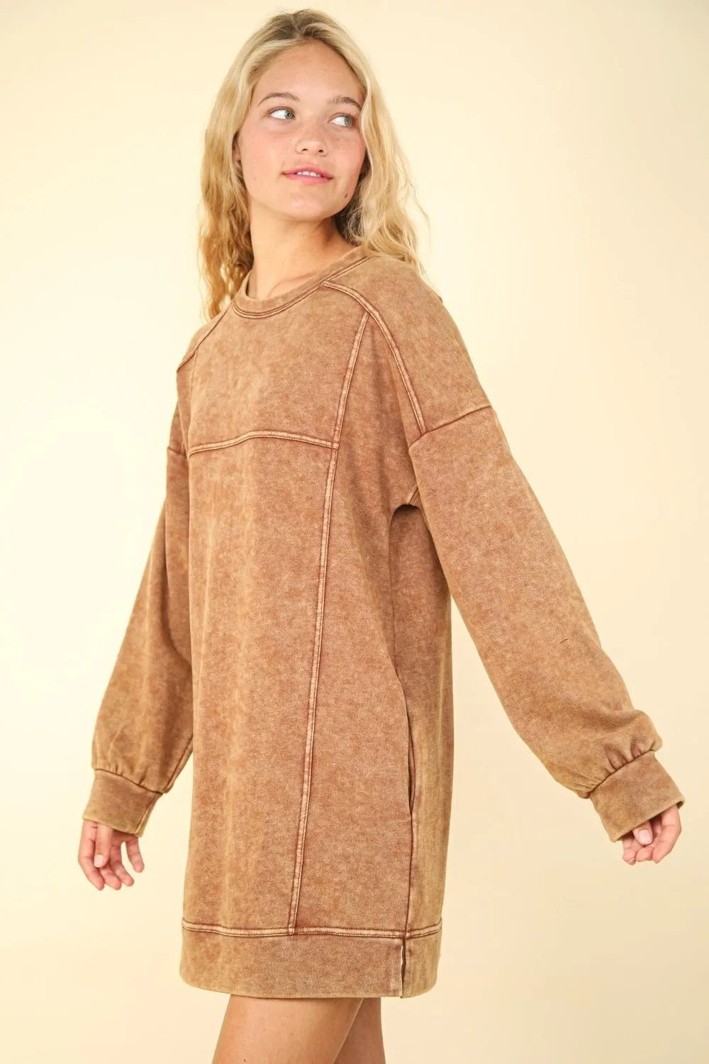 Camel Mineral Washed Oversized Sweatshirt Dress