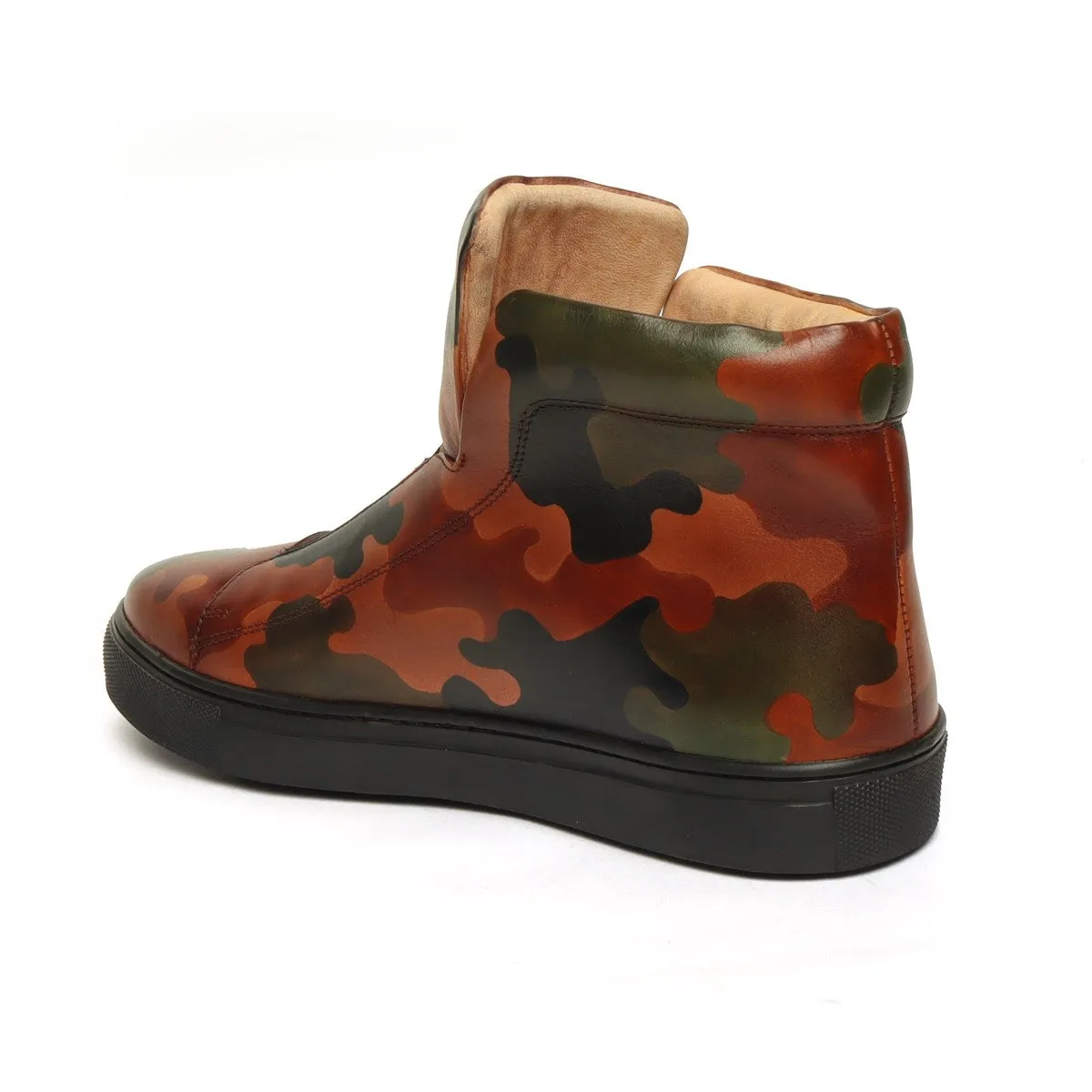 Camo Hand Painted Leather Mid-Top Sneakers with Stretchable Strap by Brune & Bareskin