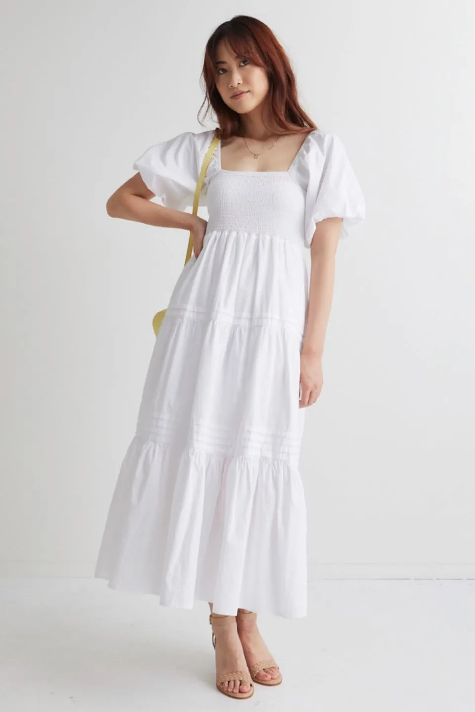 Captivate White Square Neck Bubble Slv Pleat Tiered Midi Dress