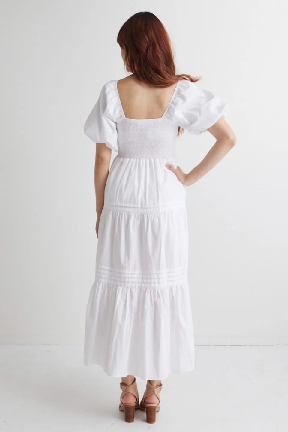 Captivate White Square Neck Bubble Slv Pleat Tiered Midi Dress