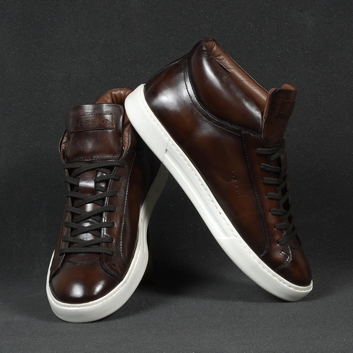 Casual Lace-Up Sneaker with Paint Brush Look in Dark Brown Genuine Leather