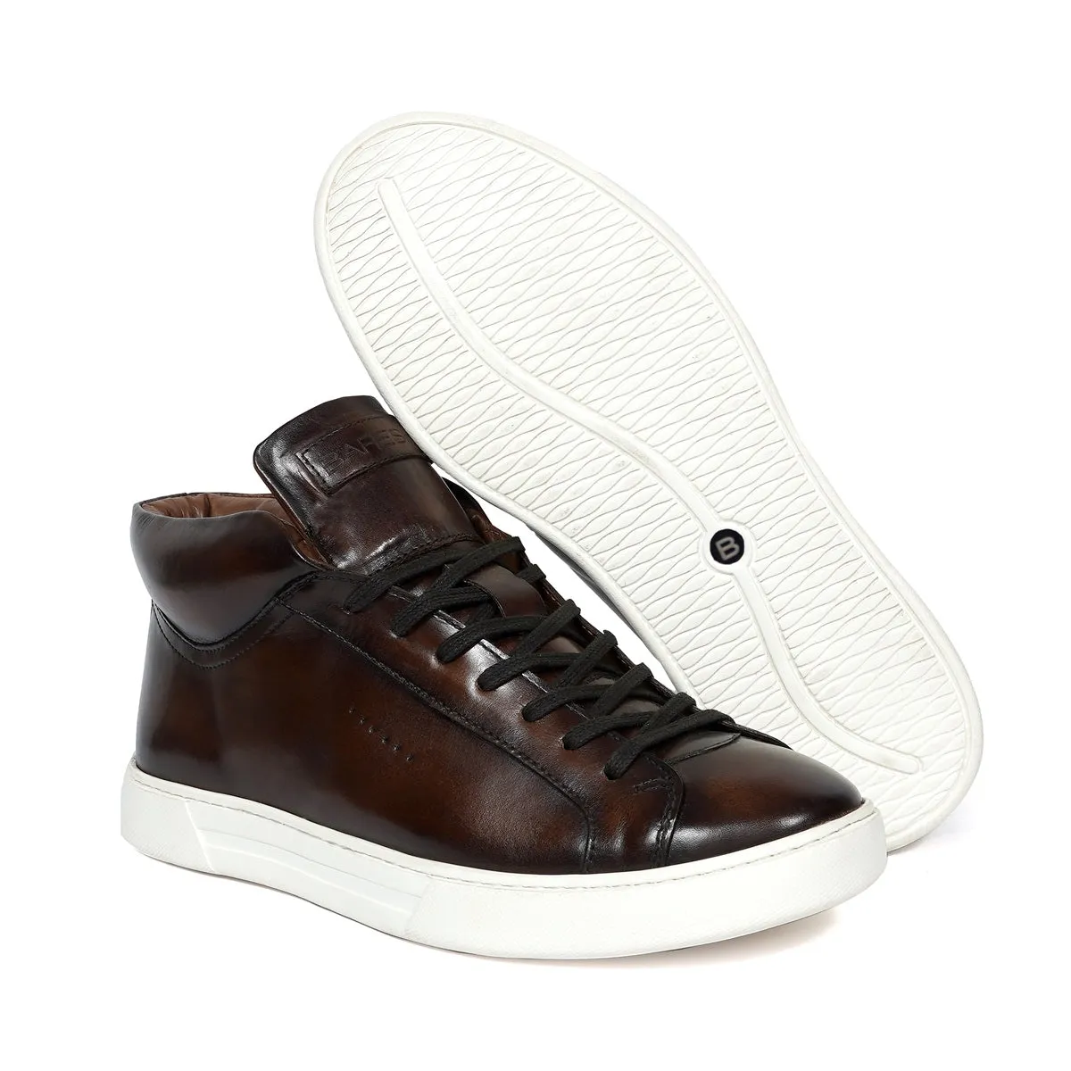 Casual Lace-Up Sneaker with Paint Brush Look in Dark Brown Genuine Leather