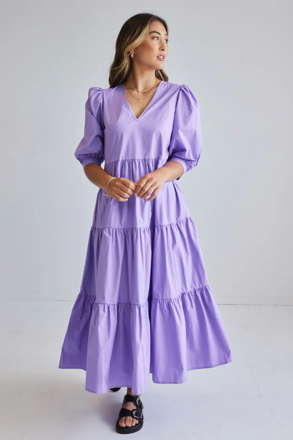 Clarity Lilac Puff Sleeve Tiered Maxi Dress